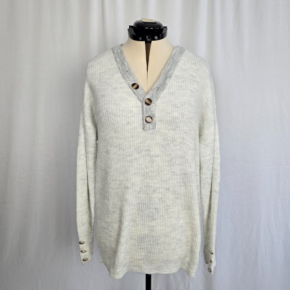 Pullover Soft Knit Sweater Women's XL *** White Gray Heather V-Neck Long Sleeve